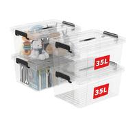 Cetomo 35L*4 Storage Boxes, Carry Plastic Storage Box with Lids, Organizing Container with Handle and Secure Latching Buckles, Stackable, Nestable, Tote Bin for Home Office Clothes, 35L-4Pack, Clear