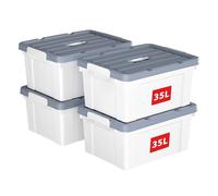 Cetomo 35L*4 Storage Boxes, Carry Plastic Storage Box with Lids, Organizing Container with Handle and Secure Latching Buckles, Stackable, Nestable, Tote Bin for Home Office Clothes, 35L-4Pack, White