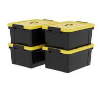 Cetomo 35L*4 Storage Boxes, Plastic Storage Box with Lids, Handle and Latching Buckles for Tool Outdoor Garden Garage Home, Durable, Heavy Duty, Stackable, Nesting, Black and Yellow, 35L(4 Pack)