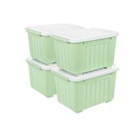 Cetomo 35L*4 Storage Boxes with Lids, Plastic Storage Box with Wheels and Secure Side Latches, Stackable & Nestable Organizer for Home, Office, Moving, PP, Green, 35L-4 Pack