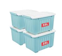 Cetomo 35L*4 Storage Boxes with Wheels, Plastic Storage Box with Lid, Latching Buckles, Click Closure, Stackable, Nesting, Durable Organizer for Home Office Clothes, Blue, 35L-4 Pack