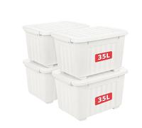 Cetomo 35L*4 Plastic Storage Box,White, Tote box,Organizing Container with Durable Lid and Secure Latching Buckles, Stackable and Nestable, 4Pack, with Buckle