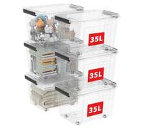 Cetomo 35L*6 Storage Boxes with Wheels, Plastic Storage Bins with Lids, Latching Buckles, Click Closure, Stackable, Nestable, Organizer for Home Office Clothes, Clear, 35L-6 Pack