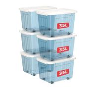 Cetomo 35L*6 Storage Boxes with Wheels, Plastic Storage Box with Lid, Latching Buckles, Click Closure, Stackable, Nesting, Durable Organizer for Home Office Clothes, Clear Blue, 35L-6 Pack