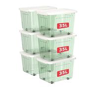 Cetomo 35L*6 Storage Boxes with Wheels, Plastic Storage Box with Lid, Latching Buckles, Click Closure, Stackable, Nesting, Durable Organizer for Home Office Clothes, Clear Green, 35L-6 Pack