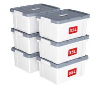 Cetomo 35L*6 Storage Boxes, Carry Plastic Storage Box with Lids, Organizing Container with Handle and Secure Latching Buckles, Stackable, Nestable, Tote Bin for Home Office Clothes, 35L-6Pack, White