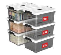 Cetomo 35L*6 Storage Boxes, Carry Plastic Storage Box with Lids, Organizing Container with Handle and Secure Latching Buckles, Stackable, Nestable, Tote Bin for Home Clothes, 35L-6Pack, Clear Black