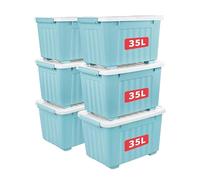 Cetomo 35L*6 Storage Boxes with Lids, Plastic Storage Box with Wheels and Secure Side Latches, Stackable & Nestable Organizer for Home, Office, Moving, PP, Blue, 35L-6 Pack