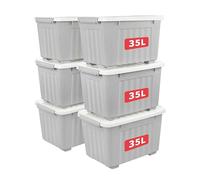 Cetomo 35L*6 Storage Boxes with Wheels, Plastic Storage Box with Lid, Latching Buckles, Click Closure, Stackable, Nesting, Durable Organizer for Home Office Clothes, Gray, 35L-6 Pack