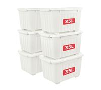 Cetomo 35L*6 Plastic Storage Box,White, Tote box,Organizing Container with Durable Lid and Secure Latching Buckles, Stackable and Nestable, 6Pack, with Buckle