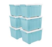 Cetomo 35L*6 Storage Boxes with Wheels, Plastic Storage Box with Lid, Latching Buckles, Click Closure, Stackable, Nesting, Durable Organizer for Home Office Clothes, Blue, 35L-6 Pack