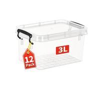 Cetomo 3L*12 Plastic Storage Boxes, Small Storage Box with Lids, Compact Desktop Box, Durable, Sturdy, Heavy- Duty, No-Frills, Stackable, PP, Transparent, 3L-12 Pack