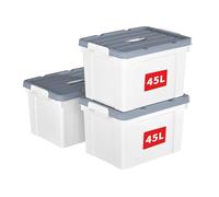 Cetomo 45L*3 Storage Boxes, Carry Plastic Storage Box with Lids, Organizing Container with Handle and Secure Latching Buckles, Stackable, Nestable, Tote Bin for Home Office Clothes, 45L-3Pack, White