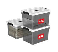 Cetomo 45L*3 Storage Boxes, Carry Plastic Storage Box with Lids, Organizing Container with Handle and Secure Latching Buckles, Stackable, Nestable, Tote Bin for Home Clothes, 45L-3Pack, Clear Black