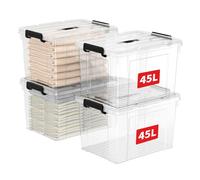 Cetomo 45L*4 Storage Boxes, Carry Plastic Storage Box with Lids, Organizing Container with Handle and Secure Latching Buckles, Stackable, Nestable, Tote Bin for Home Office Clothes, 45L-4Pack, Clear
