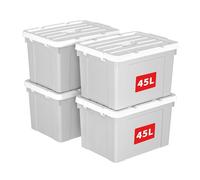 Cetomo 45L*4 Storage Boxes, Carry Plastic Storage Box with Lids, Organizing Container with Handle and Secure Latching Buckles, Stackable, Nestable, Tote Bin for Home Office Clothes, 45L-4Pack, Gray