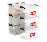 Cetomo 45L*6 Storage Boxes, Carry Plastic Storage Box with Lids, Clear Organizing Container with Handle and Secure Latches, Nestable & Stackable Tote Box for Home Office, 45L-6 Pack, Transparent