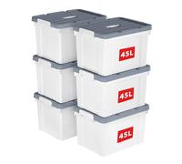 Cetomo 45L*6 Storage Boxes, Carry Plastic Storage Box with Lids, Organizing Container with Handle and Secure Latching Buckles, Stackable, Nestable, Tote Bin for Home Office Clothes, 45L-6Pack, White