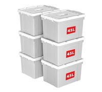 Cetomo 45L*6 Storage Boxes, Carry Plastic Storage Box with Lids, Organizing Container with Handle and Secure Latching Buckles, Stackable, Nestable, Tote Bin for Home Office Clothes, 45L-6Pack, Gray