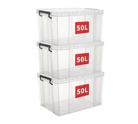 Cetomo 50L*3 Storage Boxes, Stackable Storage Box with Lids, Heavy-Duty Lidded Container with Reinforced Corners, Vertical Sides and Clip Closure, Durable, Plastic, Clear, 50L-3Pack