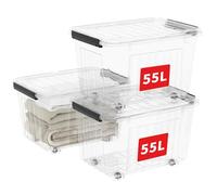 Cetomo 55L*3 Storage Boxes with Wheels, Plastic Storage Bins with Lids, Latching Buckles, Click Closure, Stackable, Nestable, Organizer for Home Office Clothes, Clear, 55L-3 Pack