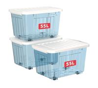 Cetomo 55L*3 Plastic Storage Boxes with Wheels, Lidded Storage Box with Secure Side Latches, PP Nestable and Stackable Clear Organizer for Home, Office, Moving, Transparent Blue, 55L-3 Pack