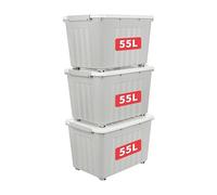 Cetomo 55L*3 Storage Boxes with Lids, Plastic Storage Box with Wheels and Secure Side Latches, Stackable & Nestable Organizer for Home, Office, Moving, PP, Gray, 55L-3 Pack
