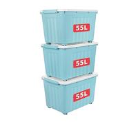 Cetomo 55L*3 Storage Boxes with Wheels, Plastic Storage Box with Lid, Latching Buckles, Click Closure, Stackable, Nesting, Durable Organizer for Home Office Clothes, Blue, 55L-3 Pack