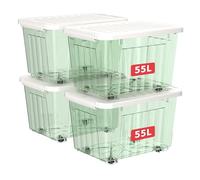 Cetomo 55L*4 Storage Boxes with Wheels, Plastic Storage Box with Lid, Latching Buckles, Click Closure, Stackable, Nesting, Durable Organizer for Home Office Clothes, Clear Green, 55L-4 Pack