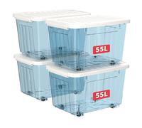 Cetomo 55L*4 Storage Boxes with Wheels, Plastic Storage Box with Lid, Latching Buckles, Click Closure, Stackable, Nesting, Durable Organizer for Home Office Clothes, Clear Blue, 55L-4 Pack