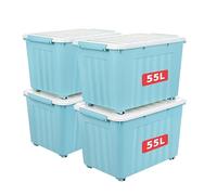 Cetomo 55L*4 Storage Boxes with Wheels, Plastic Storage Box with Lid, Latching Buckles, Click Closure, Stackable, Nesting, Durable Organizer for Home Office Clothes, Blue, 55L-4 Pack