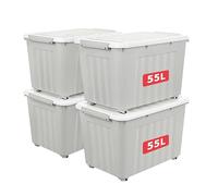 Cetomo 55L*4 Storage Boxes with Lids, Plastic Storage Box with Wheels and Secure Side Latches, Stackable & Nestable Organizer for Home, Office, Moving, PP, Gray, 55L-4 Pack