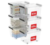 Cetomo 55L*6 Storage Boxes with Wheels, Plastic Storage Bins with Lids, Latching Buckles, Click Closure, Stackable, Nestable, Organizer for Home Office Clothes, Clear, 55L-6 Pack
