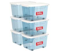 Cetomo 55L*6 Plastic Storage Boxes with Wheels, Lidded Storage Box with Secure Side Latches, PP Nestable and Stackable Clear Organizer for Home, Office, Moving, Transparent Blue, 55L-6 Pack