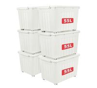 Cetomo 55L*6 Plastic Storage Box,White, Tote box,Organizing Container with Durable Lid and Secure Latching Buckles, Stackable and Nestable, 6Pack, with Buckle