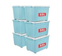 Cetomo 55L*6 Storage Boxes with Lids, Plastic Storage Box with Wheels and Secure Side Latches, Stackable & Nestable Organizer for Home, Office, Moving, PP, Blue, 55L-6 Pack
