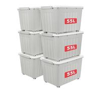 Cetomo 55L*6 Storage Boxes with Wheels, Plastic Storage Box with Lid, Latching Buckles, Click Closure, Stackable, Nesting, Durable Organizer for Home Office Clothes, Gray, 55L-6 Pack