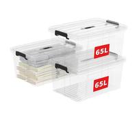 Cetomo 65L*3 Storage Boxes, Carry Plastic Storage Box with Lids, Organizing Container with Handle and Secure Latching Buckles, Stackable, Nestable, Tote Bin for Home Office Clothes, 65L-3Pack, Clear