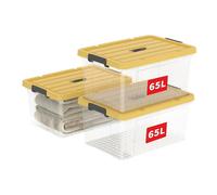 Cetomo 65L*3 Storage Boxes, Carry Plastic Storage Box with Lids, Organizing Container with Handle and Latching Buckles, Stackable, Nestable, Tote Bin for Home Office Clothes, 65L-3Pack, Clear & Yellow
