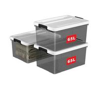 Cetomo 65L*3 Storage Boxes, Plastic Storage Box with Lids, Organizing Container with Secure Latching Buckles, Stackable, Nestable, Large Bin for Home Clothes, 65L-3Pack, Clear Black