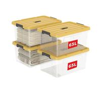 Cetomo 65L*4 Storage Boxes, Carry Plastic Storage Box with Lids, Organizing Container with Handle and Latching Buckles, Stackable, Nestable, Tote Bin for Home Office Clothes, 65L-4Pack, Clear & Yellow