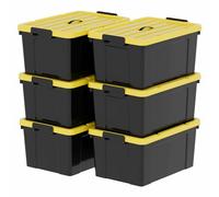 Cetomo 65L*6 Storage Boxes, Plastic Storage Box with Lids, Handle and Latching Buckles for Tool Outdoor Garden Garage Home, Durable, Heavy Duty, Stackable, Nesting, Black and Yellow, 65L(6 Pack)