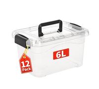 Cetomo 6L*12 Storage Boxes with Handle, Plastic Storage Box with Lids for Home Dorm Office Organization, Stackable & Nestable, Tote Container, PP, Transparent, 6L-12 Pack