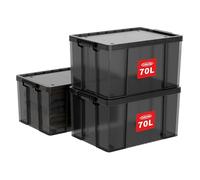 Cetomo 70L*3 Storage Boxes, Stackable Storage Box with Lids, Heavy-Duty Lidded Container with Wheels, Reinforced Corners, Vertical Sides and Clip Closure, Durable, Plastic, Clear Black, 70L-3Pack