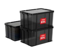Cetomo 80L*3 Heavy-Duty Storage Boxes, Plastic Stackable Storage Box with Lids, Storage Bins with Reinforced Corners, Vertical Sides and Clip Closure, Durable, Sturdy, Transparent Black, 80L-3Pack