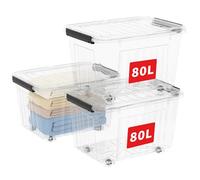 Cetomo 80L*3 Storage Boxes with Wheels, Plastic Storage Bins with Lids, Latching Buckles, Click Closure, Stackable, Nestable, Organizer for Home Office Clothes, Clear, 80L-3 Pack