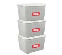 Cetomo 80L*3 Storage Boxes with Lids, Plastic Storage Box with Wheels and Secure Side Latches, Stackable & Nestable Organizer for Home, Office, Moving, PP, Gray, 80L-3 Pack