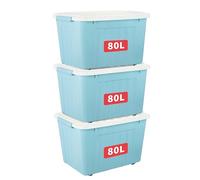 Cetomo 80L*3 Storage Boxes with Lids, Plastic Storage Box with Wheels and Secure Side Latches, Stackable & Nestable Organizer for Home, Office, Moving, PP, Blue, 80L-3 Pack
