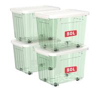 Cetomo 80L*4 Plastic Storage Boxes with Wheels, Lidded Storage Box with Secure Side Latches, PP Nestable and Stackable Clear Organizer for Home, Office, Moving, Transparent Green, 80L-4 Pack