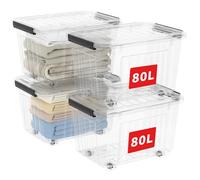 Cetomo 80L*4 Plastic Storage Boxes with Wheels, Lidded Storage Box with Secure Side Latches, PP Nestable and Stackable Clear Organizer for Home, Office, Moving, Transparent, 80L-4 Pack